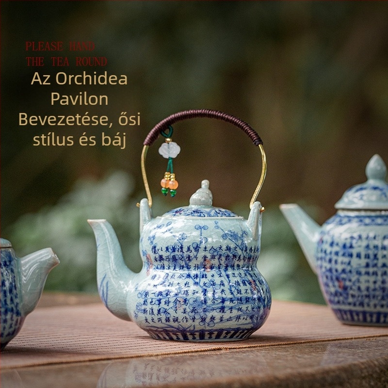 Régi agyagból készült kerámiás teáskanna, kék-fehér repedezett mázzal, kis méretű teáskészlet Kung Fu tea szettjéhez