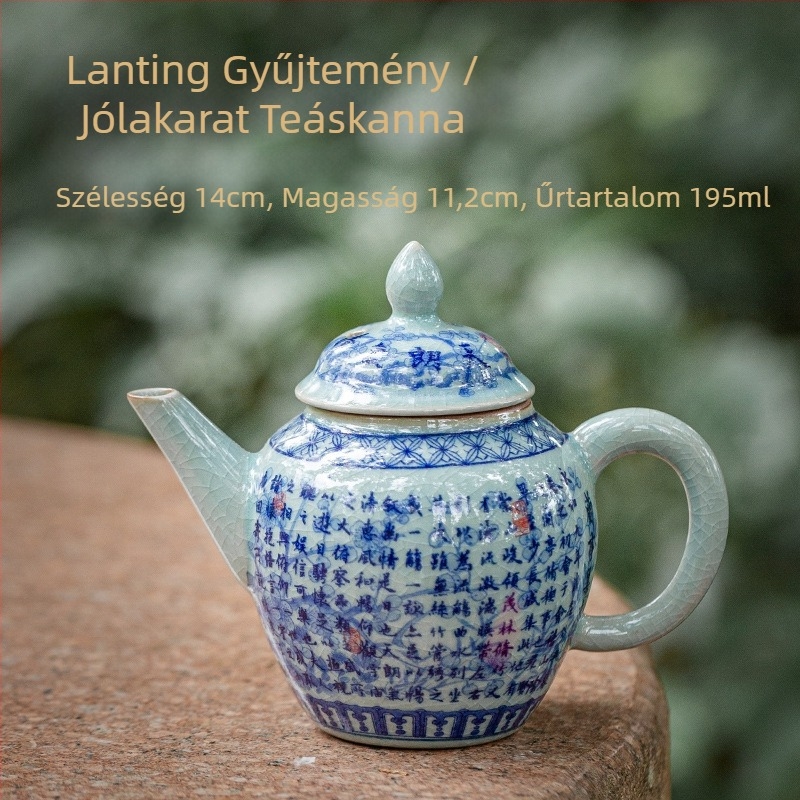 Régi agyagból készült kerámiás teáskanna, kék-fehér repedezett mázzal, kis méretű teáskészlet Kung Fu tea szettjéhez