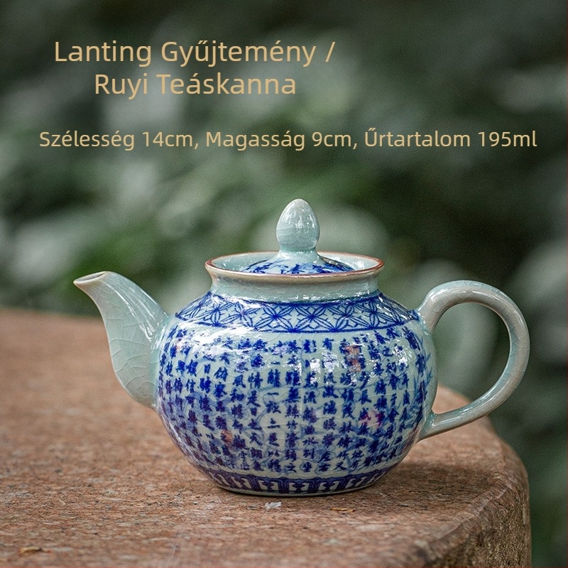 Régi agyagból készült kerámiás teáskanna, kék-fehér repedezett mázzal, kis méretű teáskészlet Kung Fu tea szettjéhez