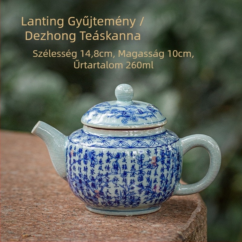 Régi agyagból készült kerámiás teáskanna, kék-fehér repedezett mázzal, kis méretű teáskészlet Kung Fu tea szettjéhez