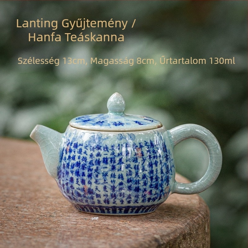 Régi agyagból készült kerámiás teáskanna, kék-fehér repedezett mázzal, kis méretű teáskészlet Kung Fu tea szettjéhez