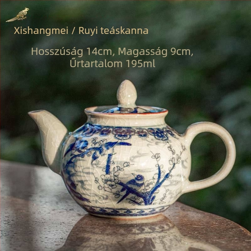 Régi agyagból készült kerámiás teáskanna, kék-fehér repedezett mázzal, kis méretű teáskészlet Kung Fu tea szettjéhez