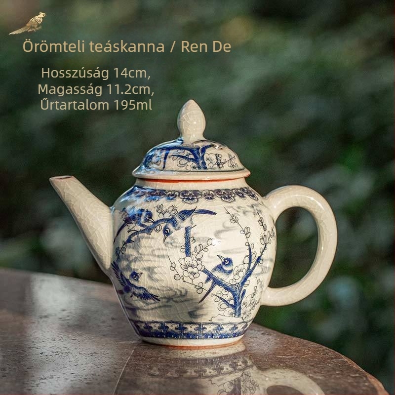 Régi agyagból készült kerámiás teáskanna, kék-fehér repedezett mázzal, kis méretű teáskészlet Kung Fu tea szettjéhez