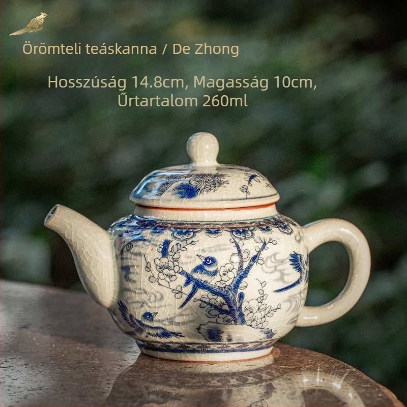 Régi agyagból készült kerámiás teáskanna, kék-fehér repedezett mázzal, kis méretű teáskészlet Kung Fu tea szettjéhez