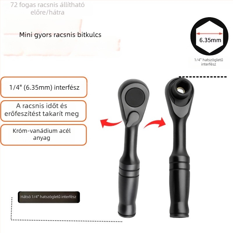 72-fogú mini ratchet kulcs keskeny helyekhez, bitfejekkel, 1/4-inch hajtás, előre és hátra