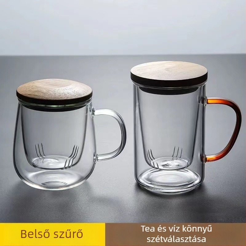 Hőálló üvegből készült teázó pohár szűrővel és fogantyúval, átlátszó, otthonra és irodába