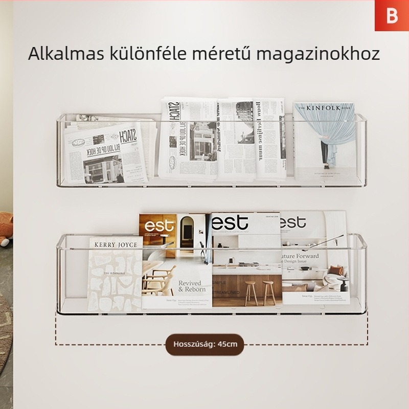 Falra szerelhető átlátszó akril könyv- és magazinpolc