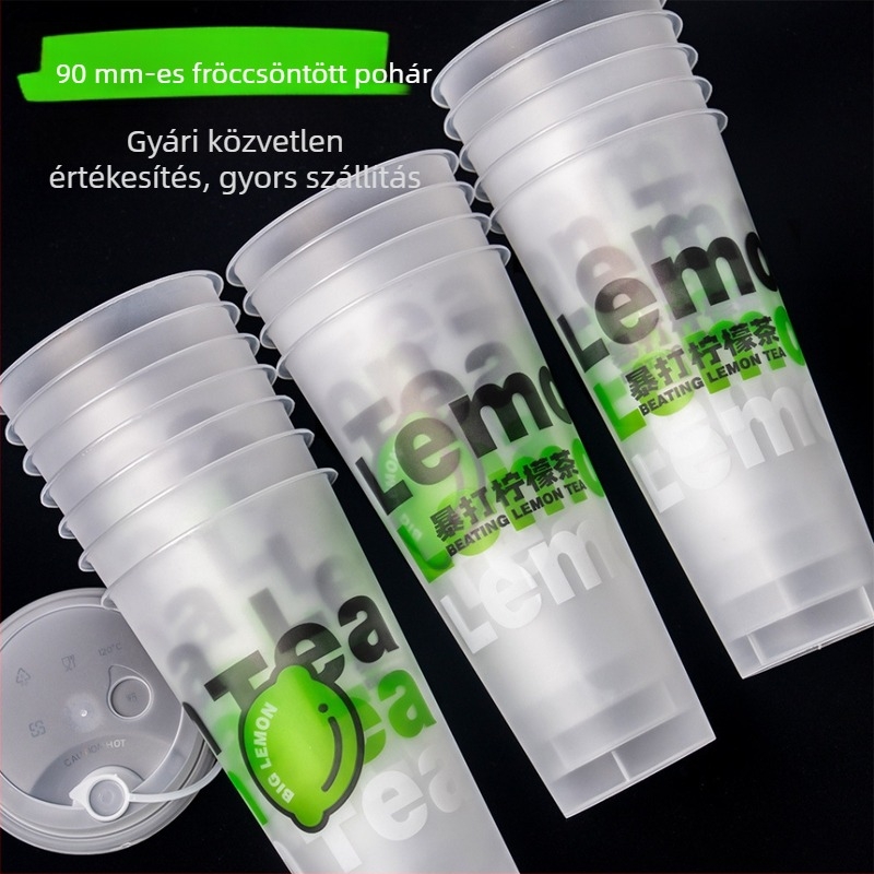 90 mm átmérőjű egyszer használatos tejes tea pohár fedővel, matt felület, injekciós öntés, vastagított kivitel, kereskedelmi használatra – citrom tea