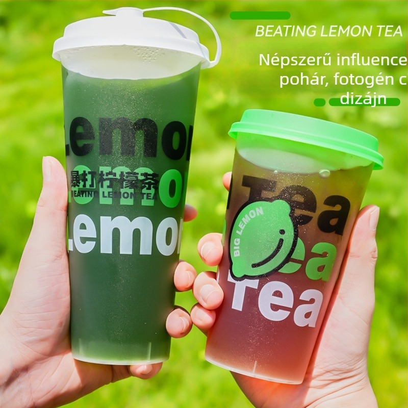 90 mm átmérőjű egyszer használatos tejes tea pohár fedővel, matt felület, injekciós öntés, vastagított kivitel, kereskedelmi használatra – citrom tea