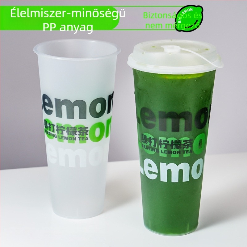 90 mm átmérőjű egyszer használatos tejes tea pohár fedővel, matt felület, injekciós öntés, vastagított kivitel, kereskedelmi használatra – citrom tea
