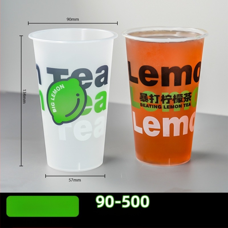 90 mm átmérőjű egyszer használatos tejes tea pohár fedővel, matt felület, injekciós öntés, vastagított kivitel, kereskedelmi használatra – citrom tea