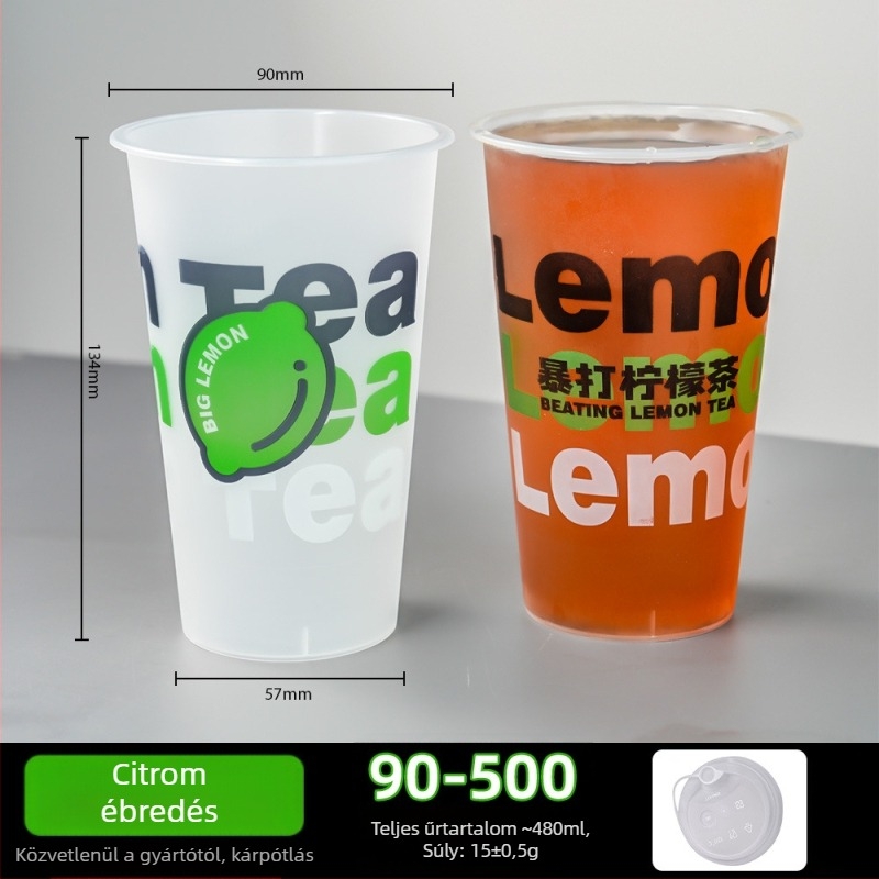 90 mm átmérőjű egyszer használatos tejes tea pohár fedővel, matt felület, injekciós öntés, vastagított kivitel, kereskedelmi használatra – citrom tea