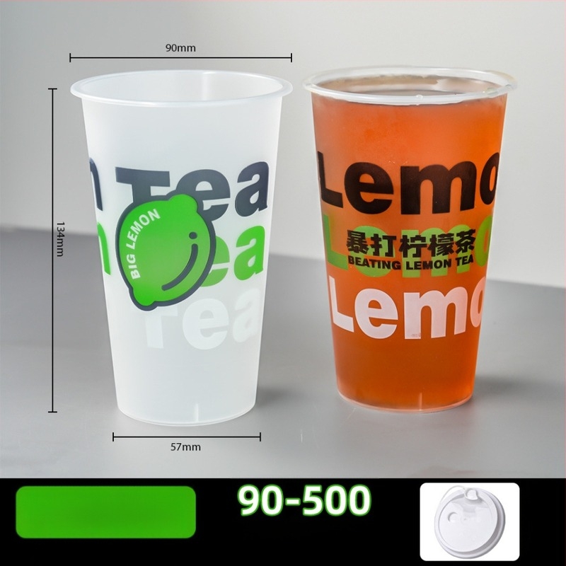 90 mm átmérőjű egyszer használatos tejes tea pohár fedővel, matt felület, injekciós öntés, vastagított kivitel, kereskedelmi használatra – citrom tea
