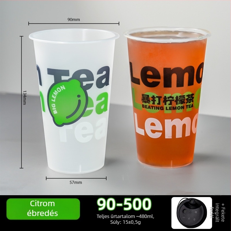 90 mm átmérőjű egyszer használatos tejes tea pohár fedővel, matt felület, injekciós öntés, vastagított kivitel, kereskedelmi használatra – citrom tea