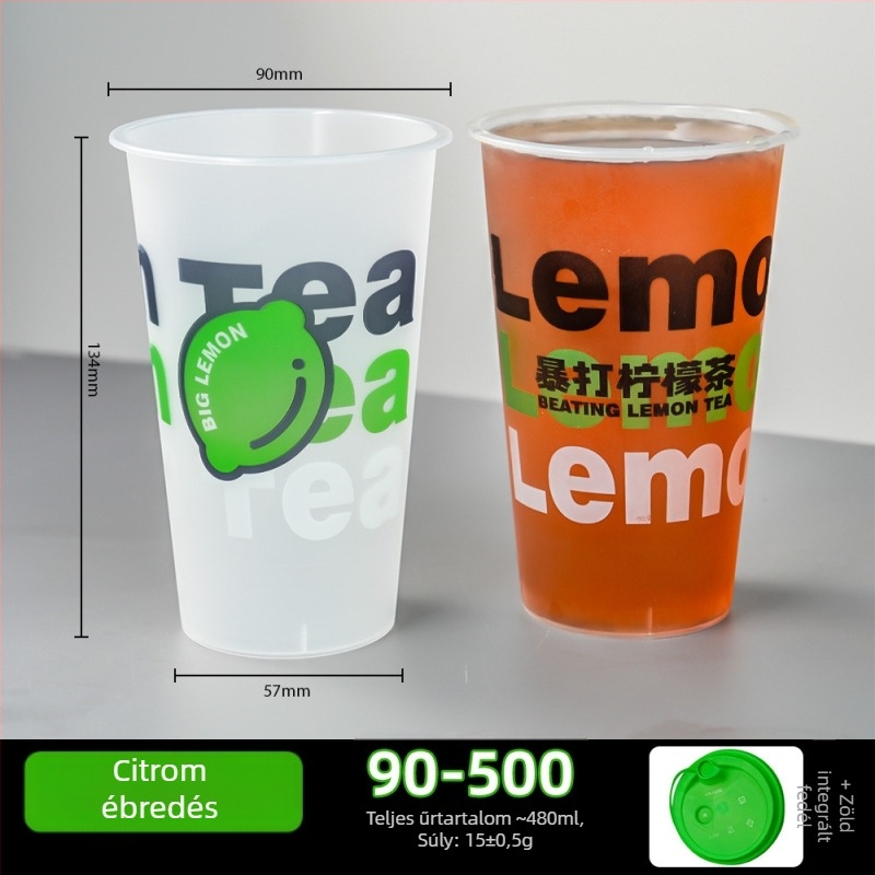 90 mm átmérőjű egyszer használatos tejes tea pohár fedővel, matt felület, injekciós öntés, vastagított kivitel, kereskedelmi használatra – citrom tea