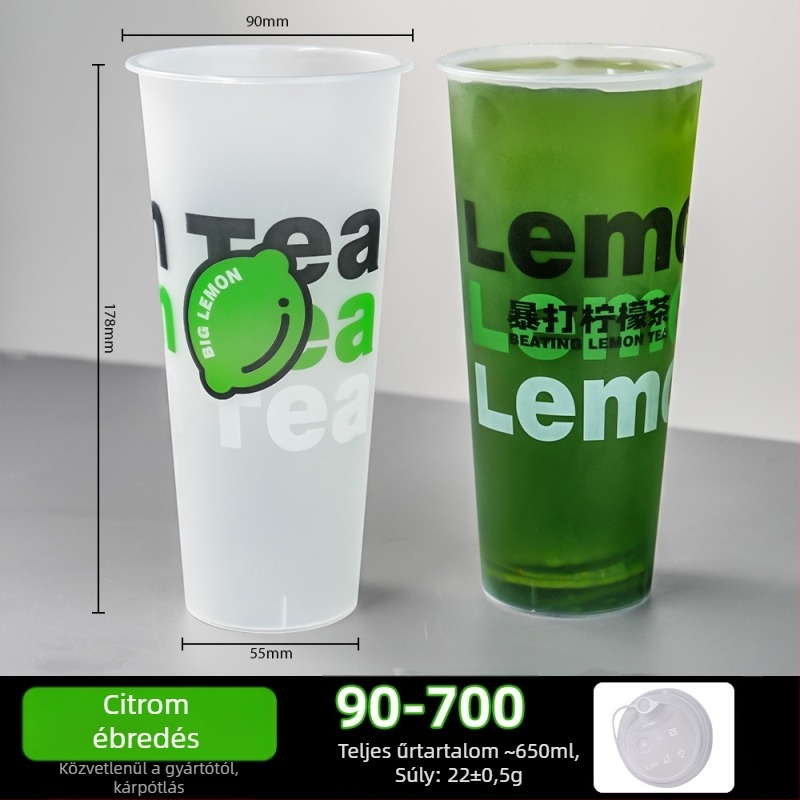 90 mm átmérőjű egyszer használatos tejes tea pohár fedővel, matt felület, injekciós öntés, vastagított kivitel, kereskedelmi használatra – citrom tea