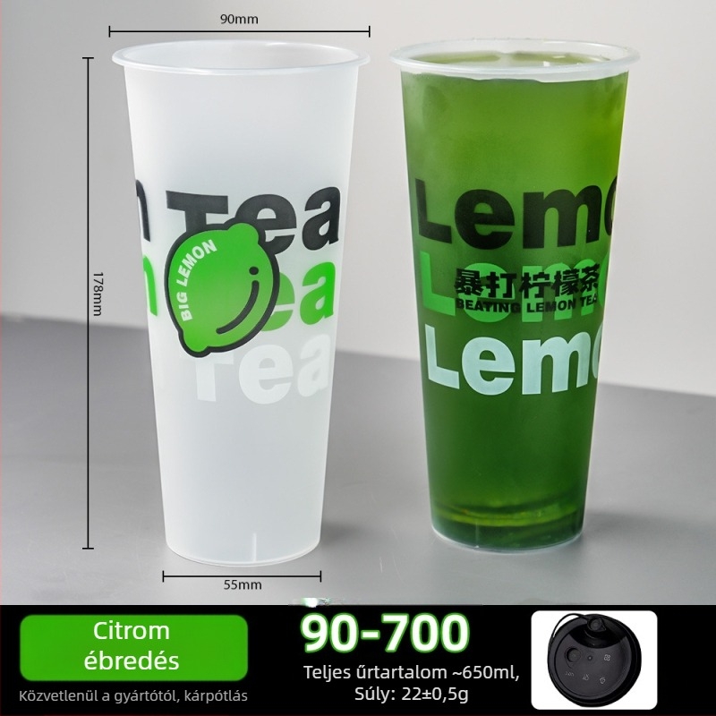 90 mm átmérőjű egyszer használatos tejes tea pohár fedővel, matt felület, injekciós öntés, vastagított kivitel, kereskedelmi használatra – citrom tea