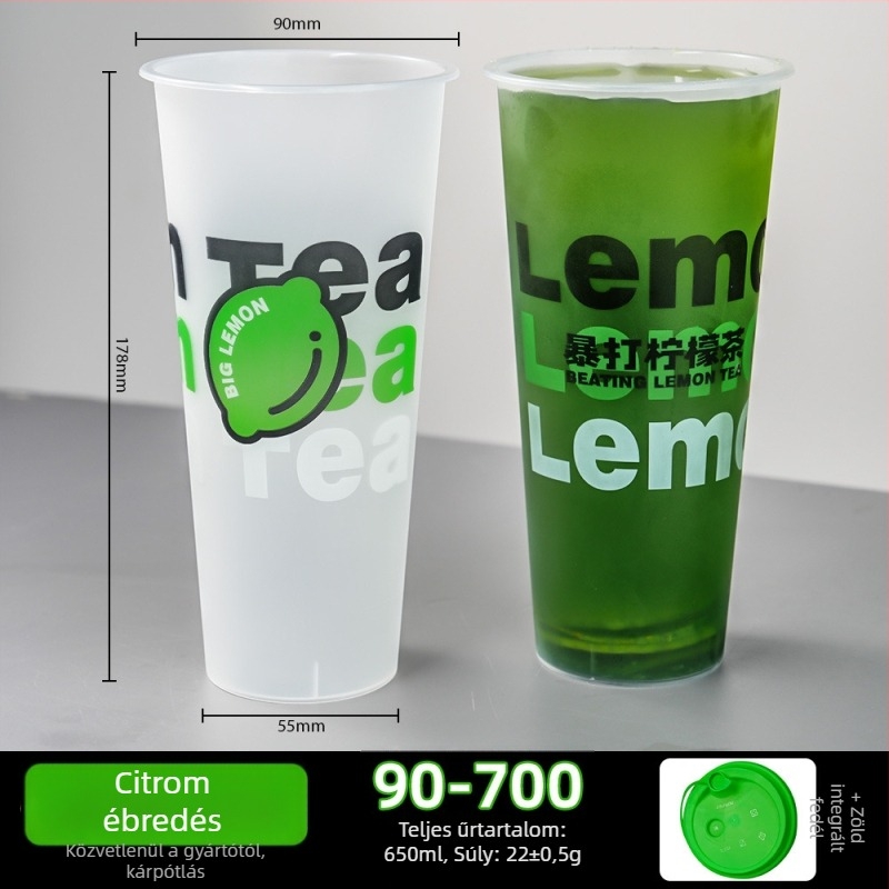 90 mm átmérőjű egyszer használatos tejes tea pohár fedővel, matt felület, injekciós öntés, vastagított kivitel, kereskedelmi használatra – citrom tea