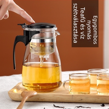 Üvegből készült teáskanna vízszétválasztó filtrációval, egygombos működés, 500 ml kapacitás, otthoni használatra.