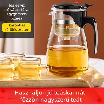 Üvegből készült teáskanna vízszétválasztó filtrációval, egygombos működés, 500 ml kapacitás, otthoni használatra.