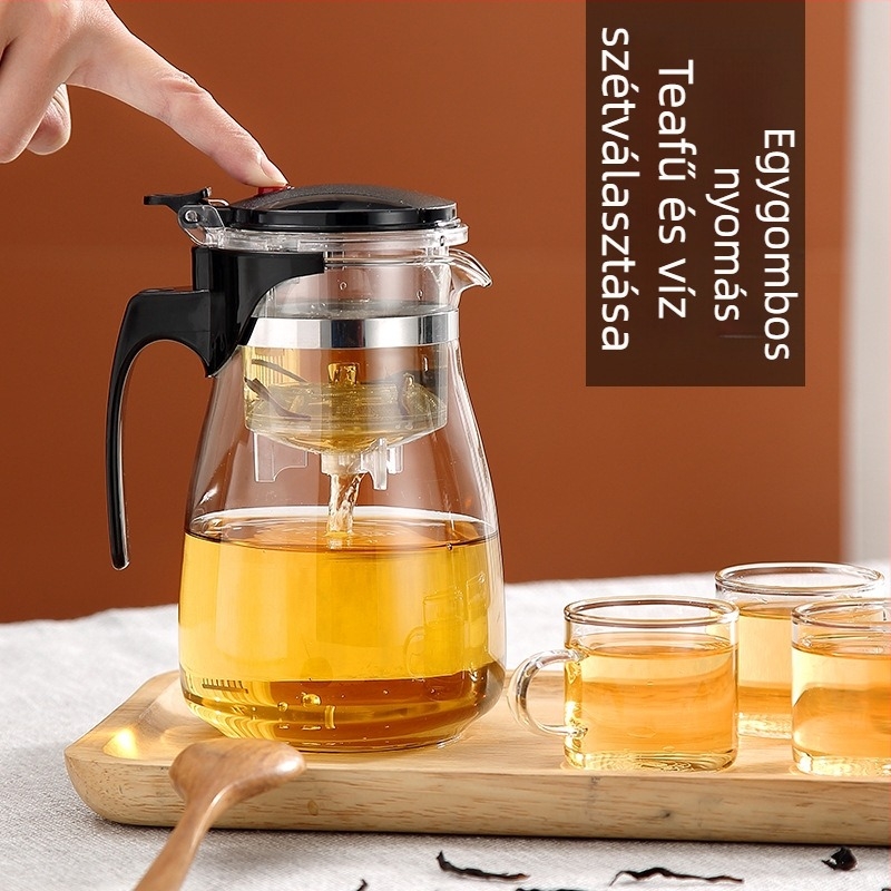 Üvegből készült teáskanna vízszétválasztó filtrációval, egygombos működés, 500 ml kapacitás, otthoni használatra.