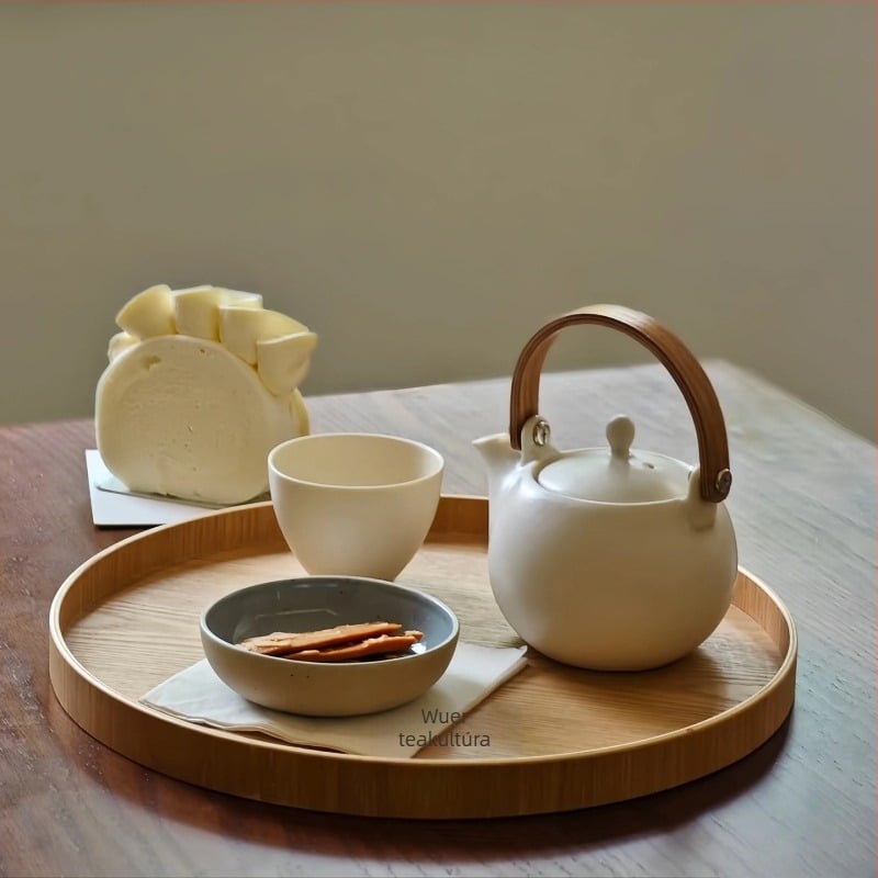 Modern kínai stílusú kerámiás teáskanna készlet ceremoniális teához – fehér porcelán matt felület, tartalmaz teáskannát, csészét és teás tálcát