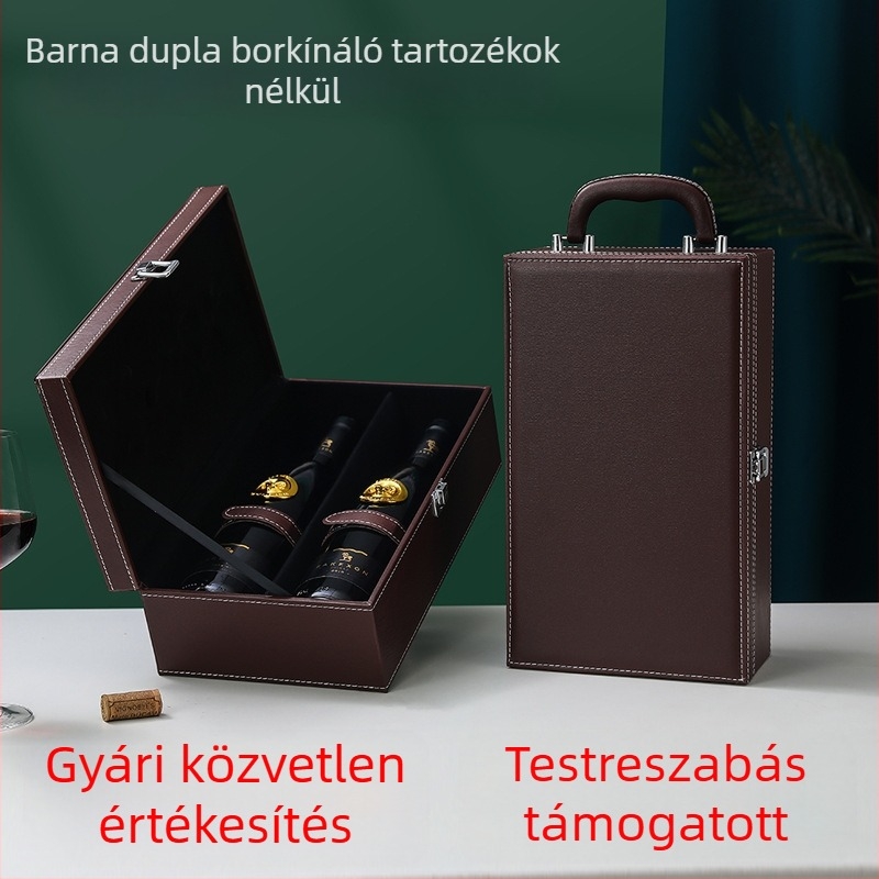 Luxus bőr két üveg vörösbor ajándékdoboz, fekete kivitel