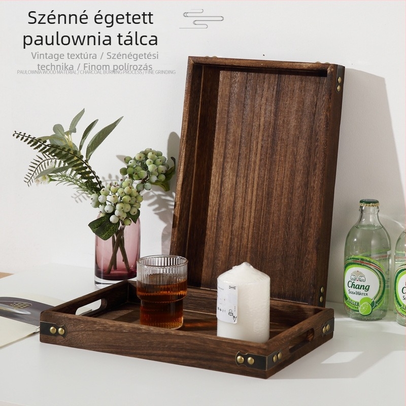 Japán stílusú égett tungfa tálca, téglalap alakú, otthoni használatra, teához és gyümölcshöz, vintage dizájn