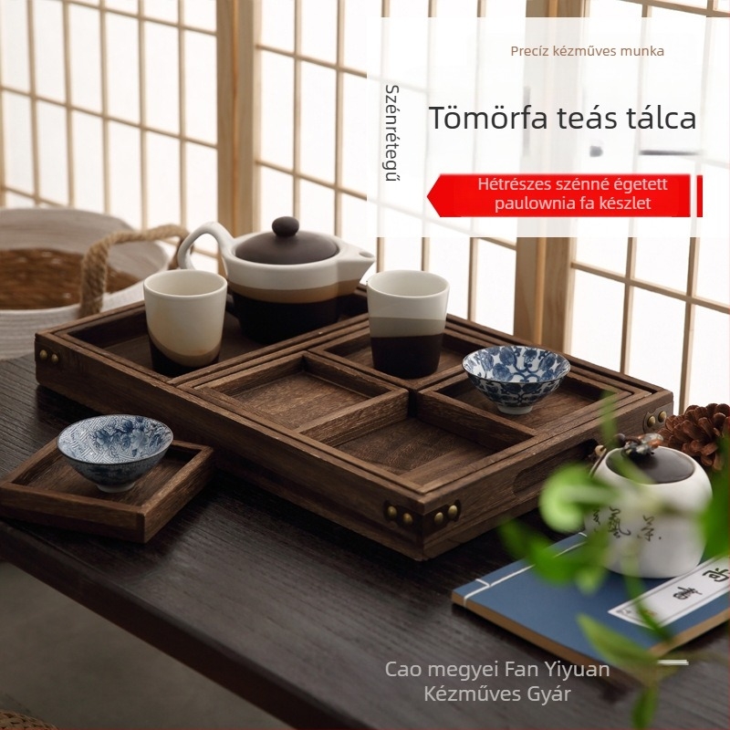 Japán stílusú égett tungfa tálca, téglalap alakú, otthoni használatra, teához és gyümölcshöz, vintage dizájn