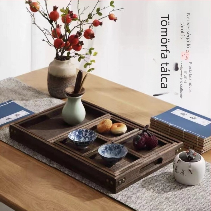 Japán stílusú égett tungfa tálca, téglalap alakú, otthoni használatra, teához és gyümölcshöz, vintage dizájn