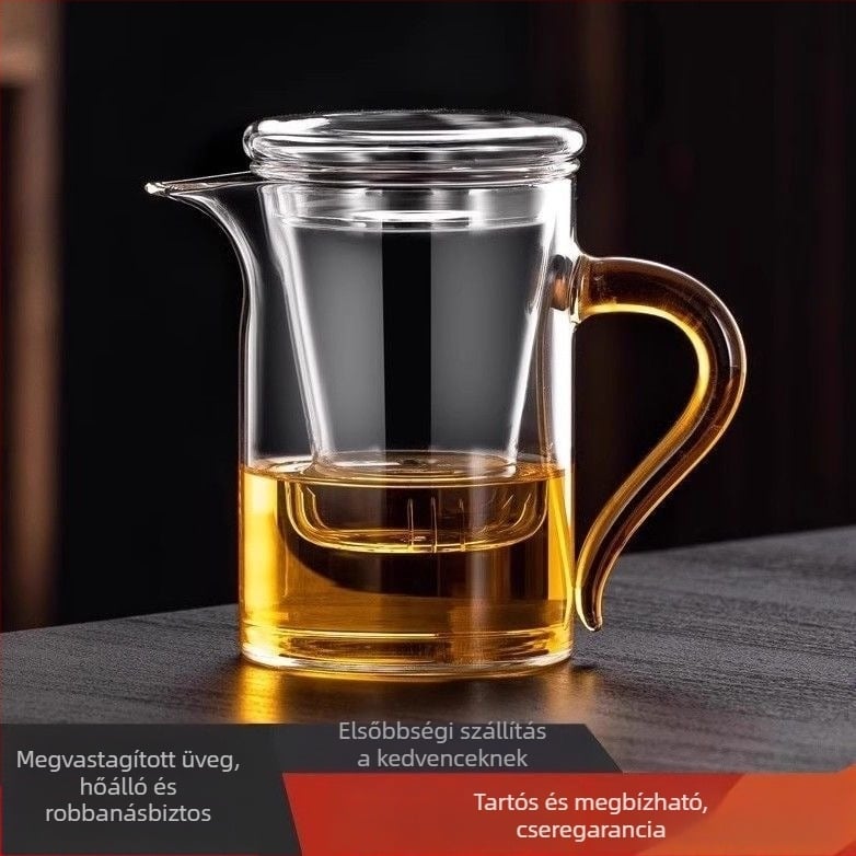 Üvegből készült teáskanna víz- és tea szétválasztással, szűrővel fekete teához, irodai teáskészlet