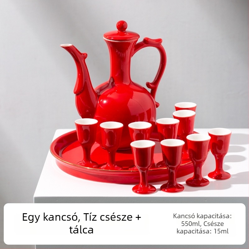 Kínai stílusú kerámia bor szett adagolóval, esküvői koccintó pohárral, magas kelyhekkel, bormelegítővel és tálcával.