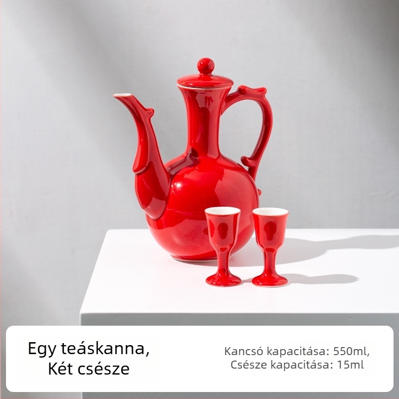 Kínai stílusú kerámia bor szett adagolóval, esküvői koccintó pohárral, magas kelyhekkel, bormelegítővel és tálcával.