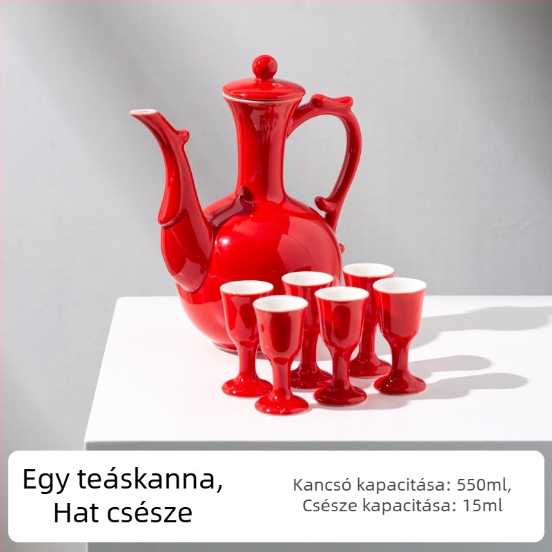 Kínai stílusú kerámia bor szett adagolóval, esküvői koccintó pohárral, magas kelyhekkel, bormelegítővel és tálcával.