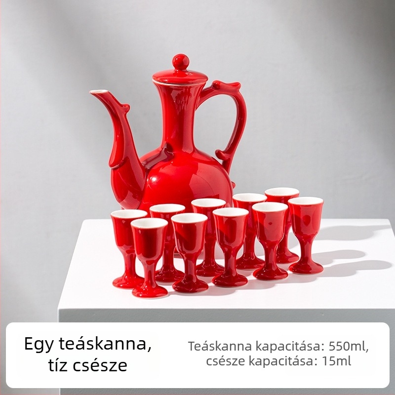 Kínai stílusú kerámia bor szett adagolóval, esküvői koccintó pohárral, magas kelyhekkel, bormelegítővel és tálcával.