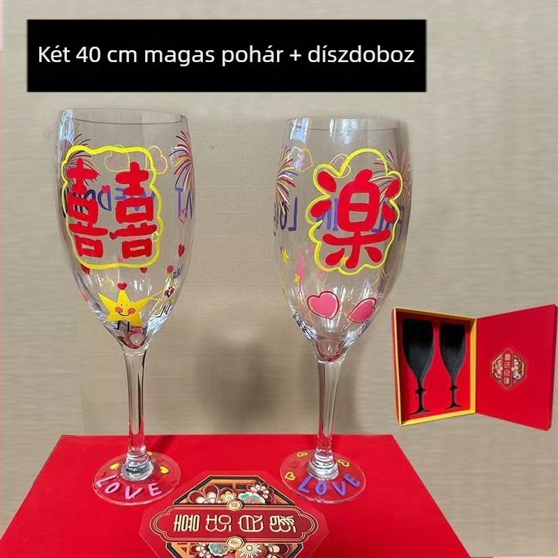 Óriási esküvői koccintó pohár – kettő magas pohár az eljegyzéshez, gyöngyös teával és vörösborral
