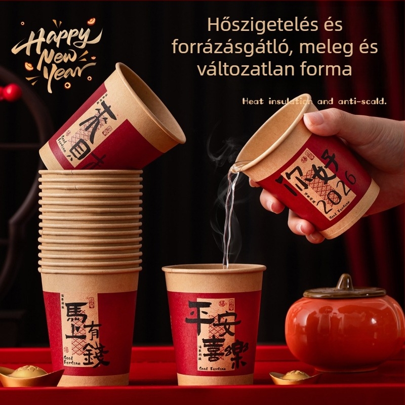 250 ml-es vastagított papír pohár egyetlen használatra, piros, otthoni használatra – Újév