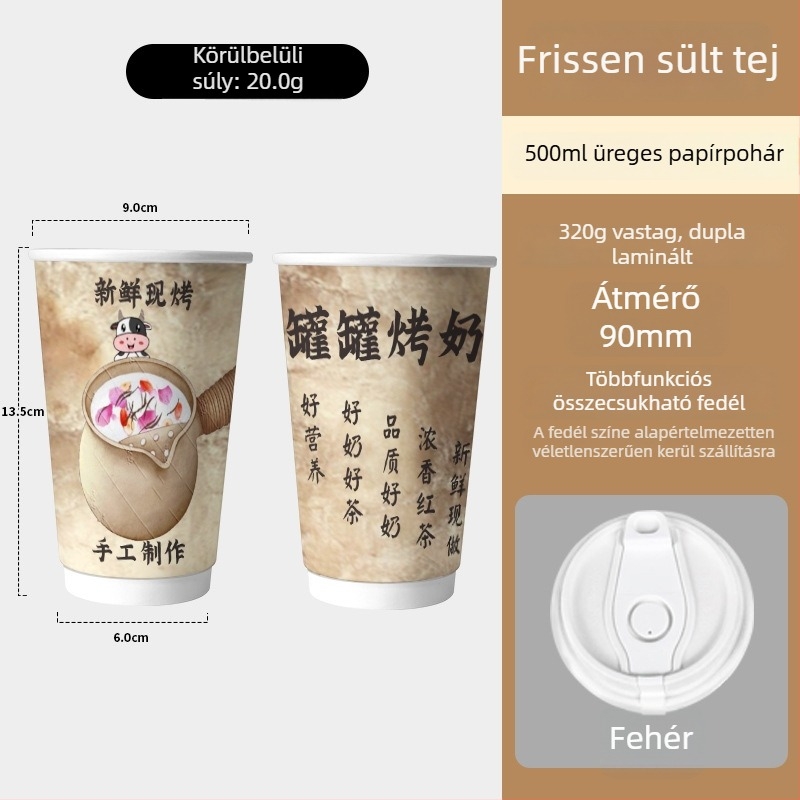 Egyszer használatos dupla falú papírpohár forró italokhoz, tejjel készült teához és kávéhoz, szigetelt belső, 500–700 ml