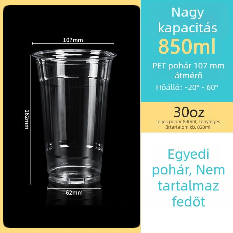 Egyszer használatos, átlátszó PET pohár, 107 mm átmérő, 1000 ml kapacitás, tejes teához és gyümölcsteához.