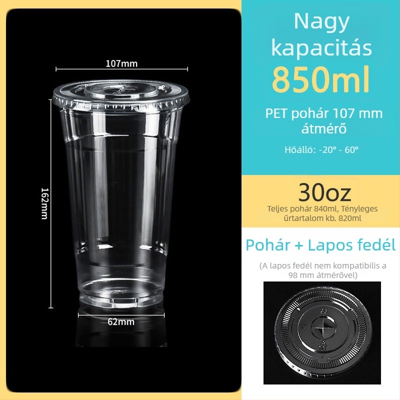 Egyszer használatos, átlátszó PET pohár, 107 mm átmérő, 1000 ml kapacitás, tejes teához és gyümölcsteához.