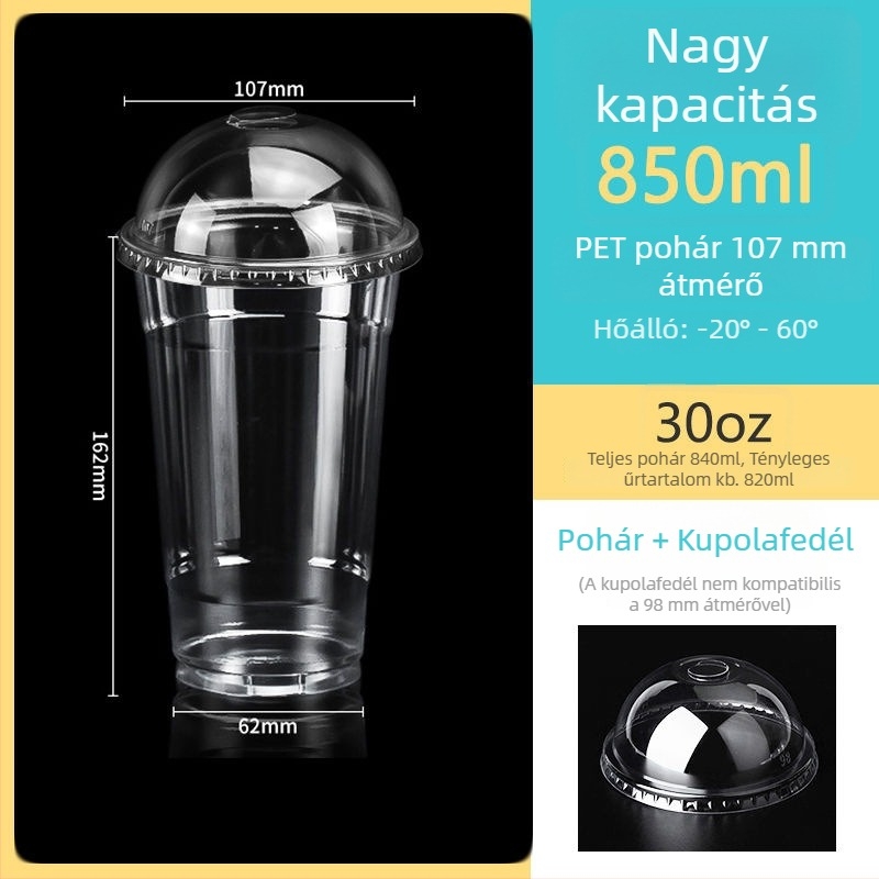Egyszer használatos, átlátszó PET pohár, 107 mm átmérő, 1000 ml kapacitás, tejes teához és gyümölcsteához.