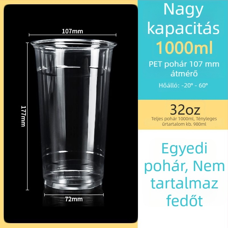 Egyszer használatos, átlátszó PET pohár, 107 mm átmérő, 1000 ml kapacitás, tejes teához és gyümölcsteához.