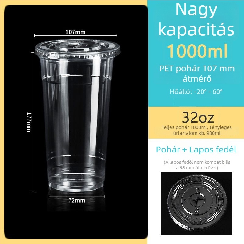 Egyszer használatos, átlátszó PET pohár, 107 mm átmérő, 1000 ml kapacitás, tejes teához és gyümölcsteához.
