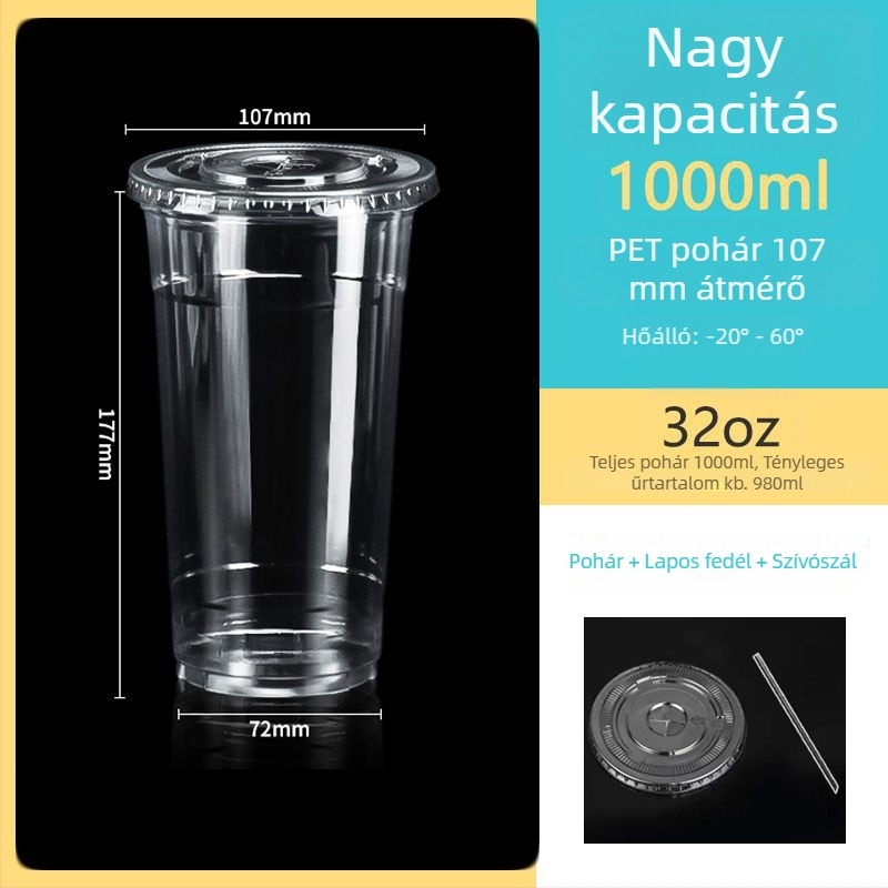 Egyszer használatos, átlátszó PET pohár, 107 mm átmérő, 1000 ml kapacitás, tejes teához és gyümölcsteához.