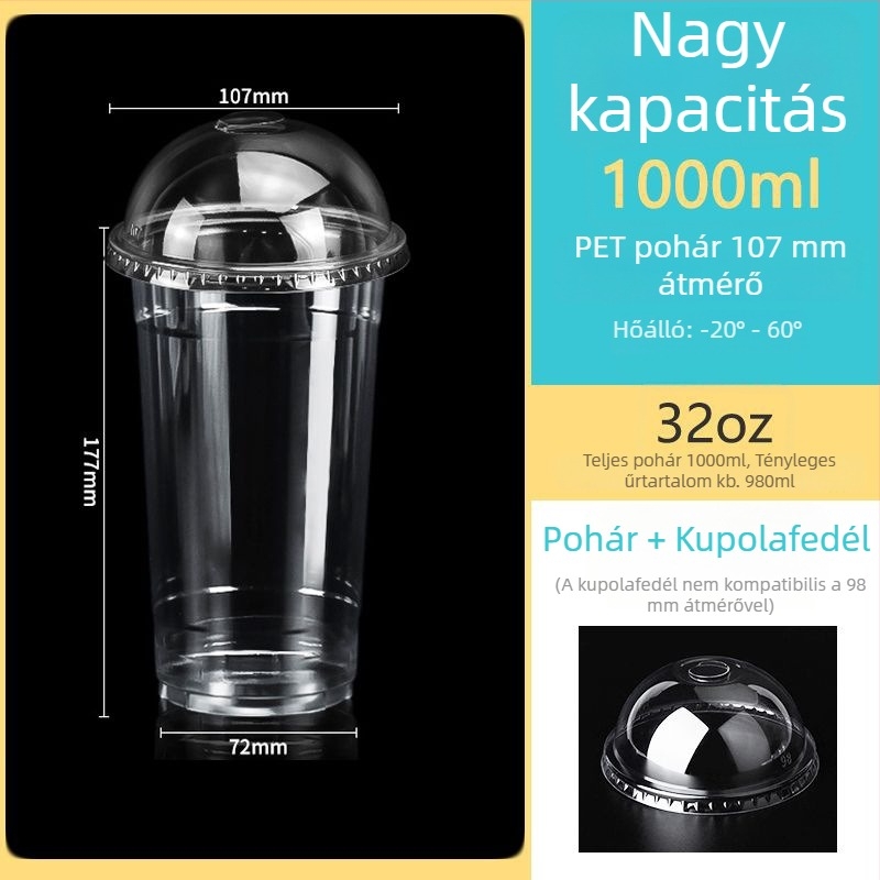 Egyszer használatos, átlátszó PET pohár, 107 mm átmérő, 1000 ml kapacitás, tejes teához és gyümölcsteához.