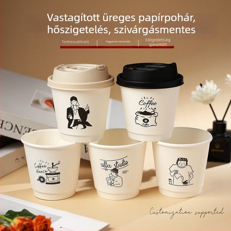 Egyszer használatos papírkávés pohár vastag falú, üreges izolációval, szivárgásbiztos, elvitelre szánt csomagoláshoz, egyedi logó nyomtatás