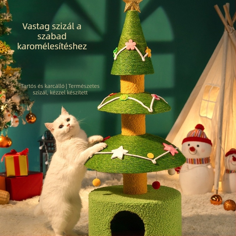 Karácsonyi fa sisalból – tartós karmoló oszlop integrált mászó résszel és odúval – macska játék