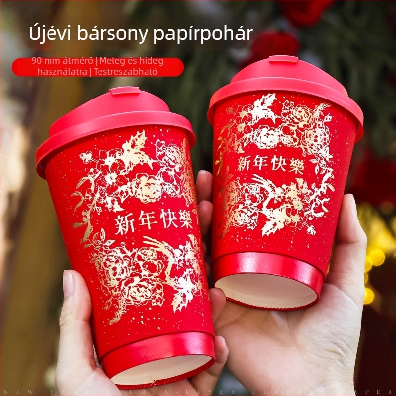 Újévi piros papírpohár forró és hideg italokhoz fedővel, vastag falú, 360–500 ml, logónyomtatás, kereskedelmi használat