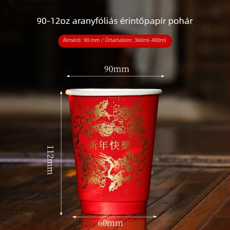 Újévi piros papírpohár forró és hideg italokhoz fedővel, vastag falú, 360–500 ml, logónyomtatás, kereskedelmi használat