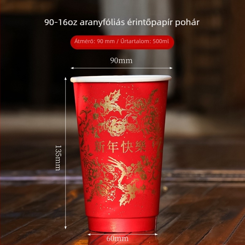 Újévi piros papírpohár forró és hideg italokhoz fedővel, vastag falú, 360–500 ml, logónyomtatás, kereskedelmi használat